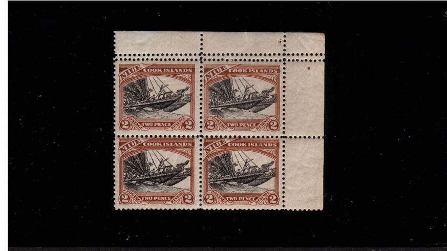 2d Black and Red-Brown<br/>
A superb unmounted mint corner block of four with the top pair showing the VARIETY 14x13x13x13. The lower pair is Perf 13. Interestingly the upper line of perfs above the 13 is 14. SG Cat �6 for mounted. Rare!<br/><b>QLX</b>