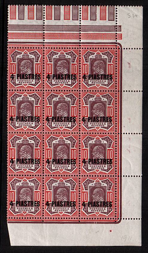 ''4 PIASTRES'' on 10d Dull Purple and Scarlet<br/>
A superb unmounted mint block of twelve with one hinge mark on margin.<br/>
A stunning bright and fresh ''exhibition item''!<br/>
SG Cat for mounted 720