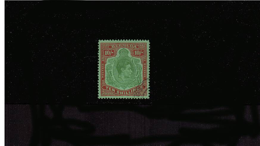 10/- Green and Vermilion on Green - Perforation 13<br/>
A stunning superb fine used single cancelled across the SE corner with part of a double ring CDS. Superb!<br/><b>QPX</b>