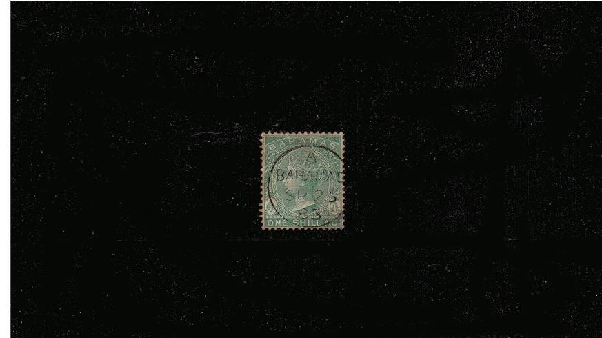 1/- Green - Watermark CA - Perforation 14<br/>
A stunning stamp cancelled with an upright BAHAMAS CDS dated SP 25 83. A stunning stamp!<br/><b>QPX</b>