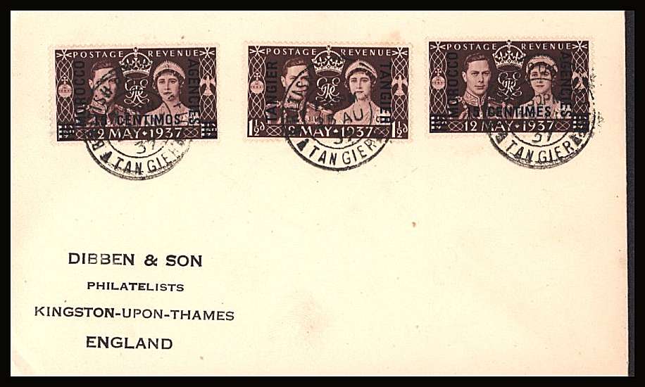 1937 Coronation single for MOROCCO AGENCIES British Currency, French Currency and TANGIER on a crisp DIBBEN cover cancelled with BRITISH POST OFFICE - TANGIER double ring CDS dated 25 AUG 37.