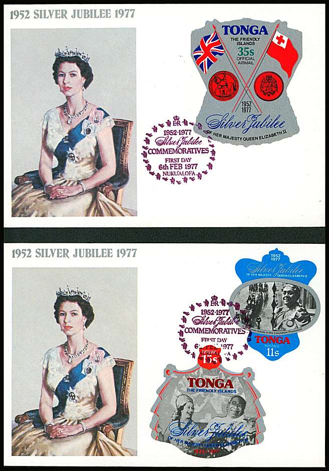 The Silver Jubilee part set of three on a pair of small neat colour First Day Covers.