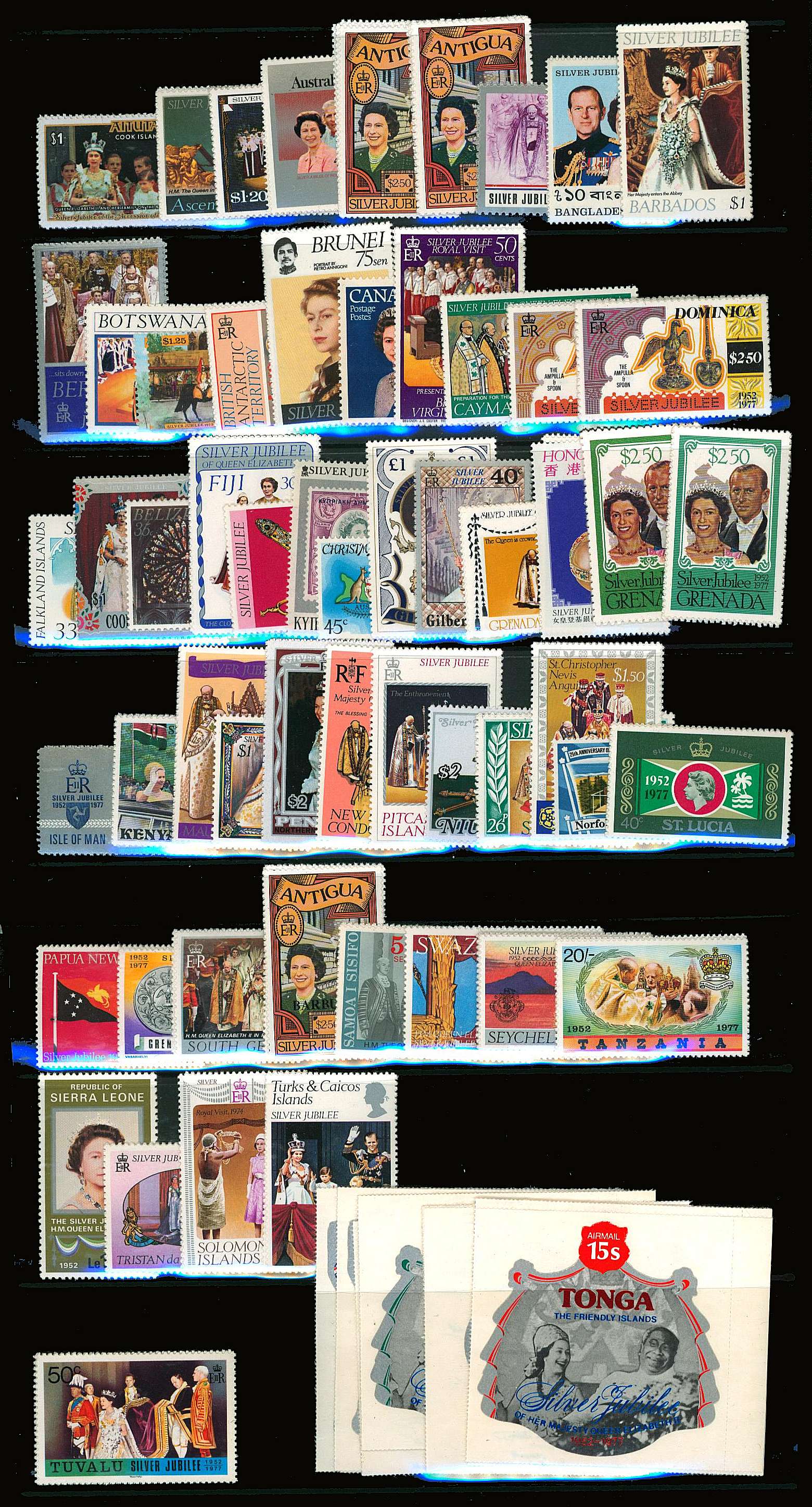 Silver Jubilee run of fifty-seven sets - 203 stamps.<br/>Please note that the definition as to what goes into this Omnibus run varies. <br/>This run was extracted from a printed album as was complete as defined in the album.