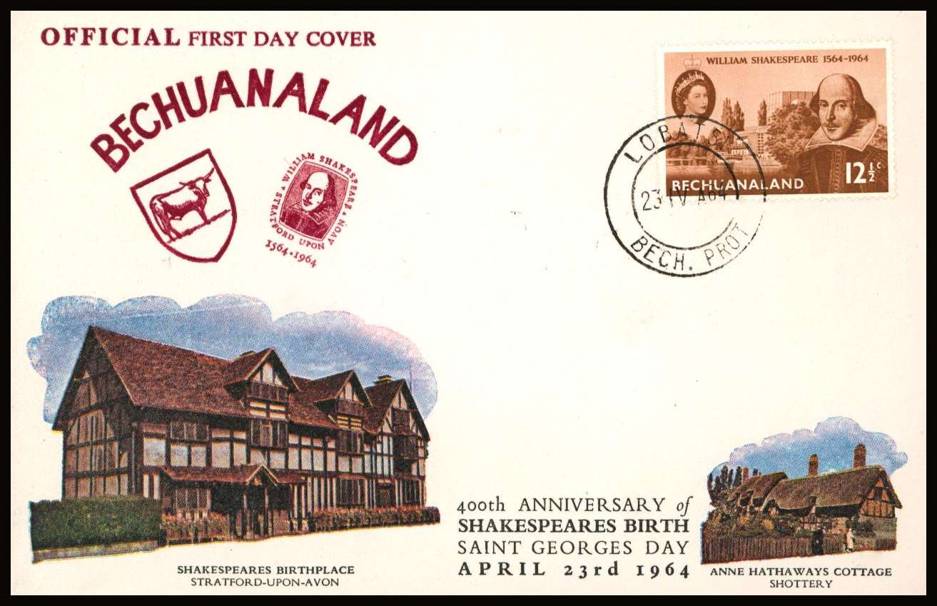 The William Shakespeare single on a colour illustrated First Day Cover<br/>cancelled with a CDS cancel dated 23 AP 64.
