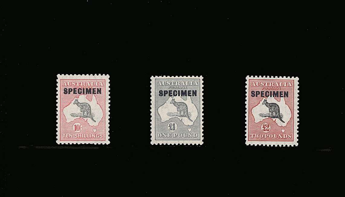 The ''Kangaroo'' ''SPECIMEN'' set of three superb unmounted mint.<br/>Seldom seen unmounted!<br/>
Note: These stamps without the overprint Cat at £5300++
<br><b>QQM</b>