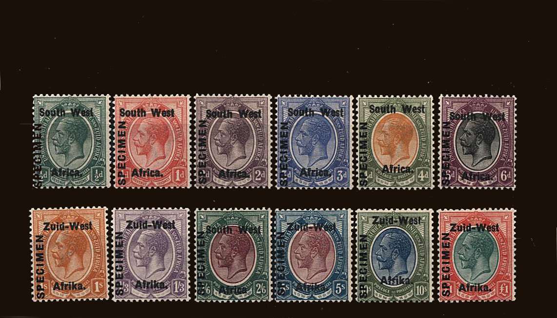 The First set of South West Africa overprinted ''SPECIMEN'' with most values being superb unmounted with the balance very lightly mounted. A superb, bright and fresh set.<br/>SG Cat 1700 
<br/><b>QQS</b>