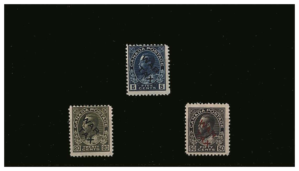 The ''WAR TAX'' overprinted set of three superb unmounted mint. <br/>A scarce set to find unmounted mint.<br/>SG Cat £375 for mounted

<br><b>QQV</b>