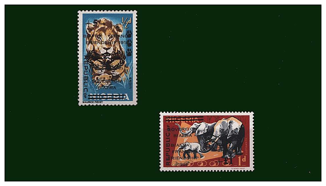 The SG footnote mentioned set of two with ''BIAFRA - FRANCE'' overprint. Rare set!
<br/><b>QQF</b>