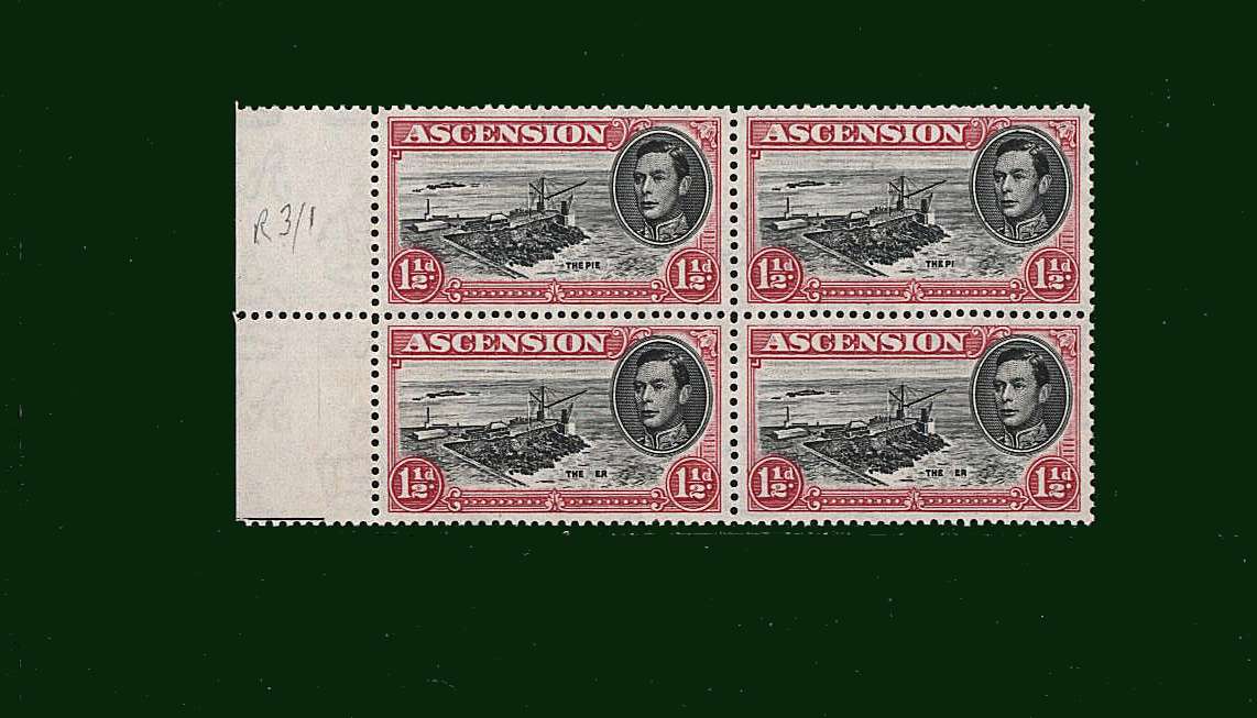 1d Black and Carmine - Perf 13<br/>
A superb unmounted mint left side marginal block of four<br/>showing ''Cut Mast and Railings flaw''<br/>SG Cat 165

<br/><b>BBD</b>