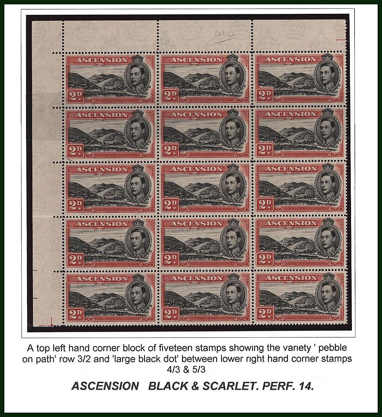 2d Black and Scarlet - Perforation 14<br/>A superb unmounted mint NW corner block of fifteen showing two minor varieties 
<br/><b>BBD</b>