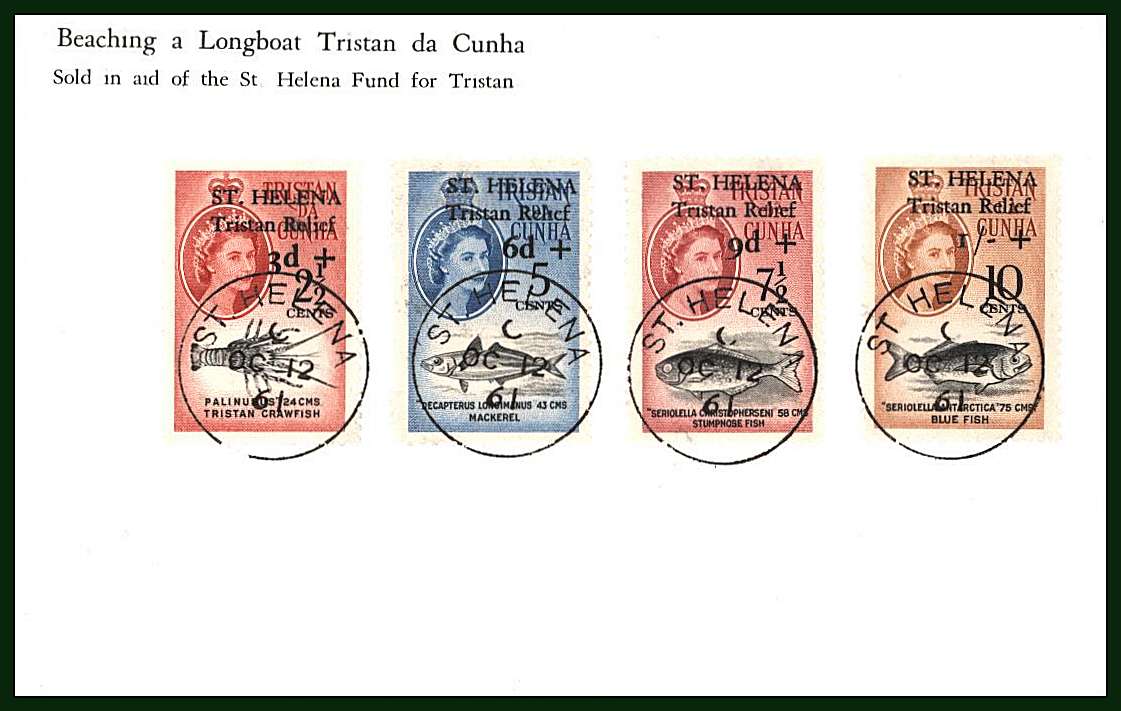 The <b>TRISTAN RELIEF</b> set superb fine used on a contemporary B&W real photograph postcard cancelled First Day of Issue. Only 434 sets were sold! <br/><b>One of the great rarities of British Commonwealth philately.<br/>SG Cat £3500.00<br/><b>BBD