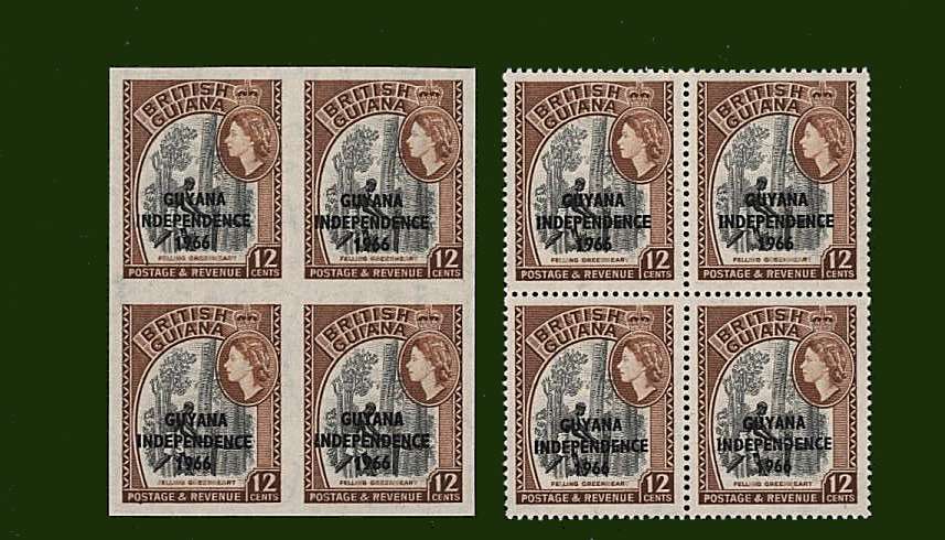 12c Black and Yellowish-Brown - Upright Block Watermark<br/>
A superb unmounted mint <b>IMPERFORATE</b> block of four with normal for comparison.
<br><b>BBG</b>