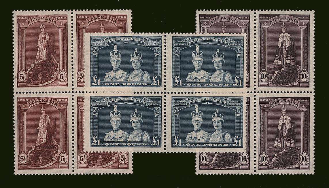 The George 5th High Values set of three on Thin Papers in superb unmounted mint blocks of four.<br/><br><b>BBH</b>
SG Cat £586.00