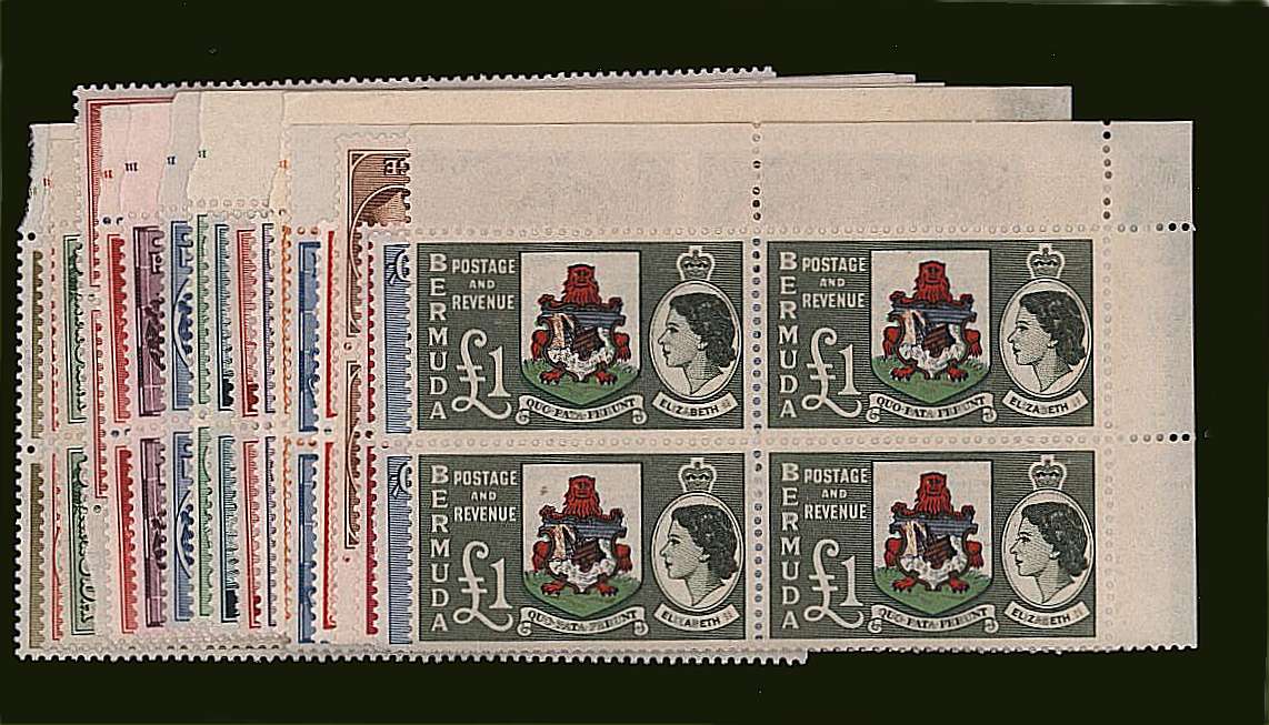 The first set of Queen Elizabeth set of eighteen in superb unmounted mint blocks of four with all but one being marginals. Scarce to find in blocks!
<br><b>BBH</b>