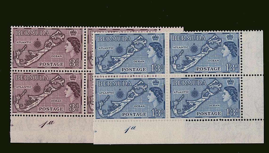 The Die Two varieties of the 3d and 1/3d values showing ''SANDYS''<br/>in superb unmounted mint Plate Blocks of Four. 
<br><b>BBH</b>