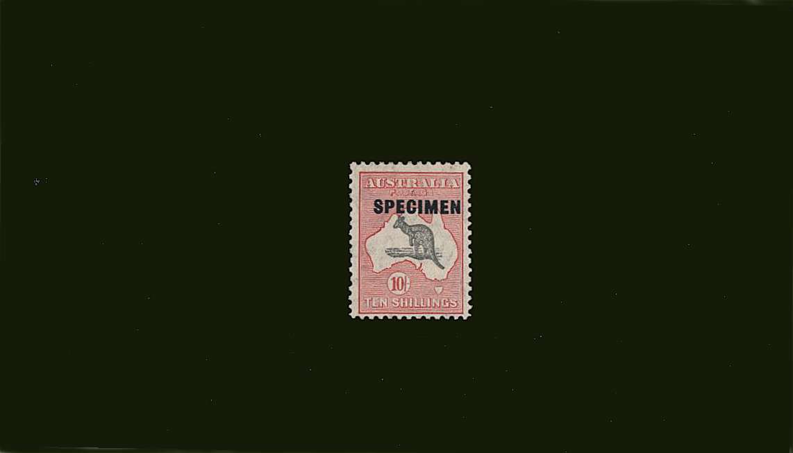 10/- Grey and Pink<br/>
A lightly mounted mint single overprinted ''SPECIMEN''.
<br><b>BBJ</b>