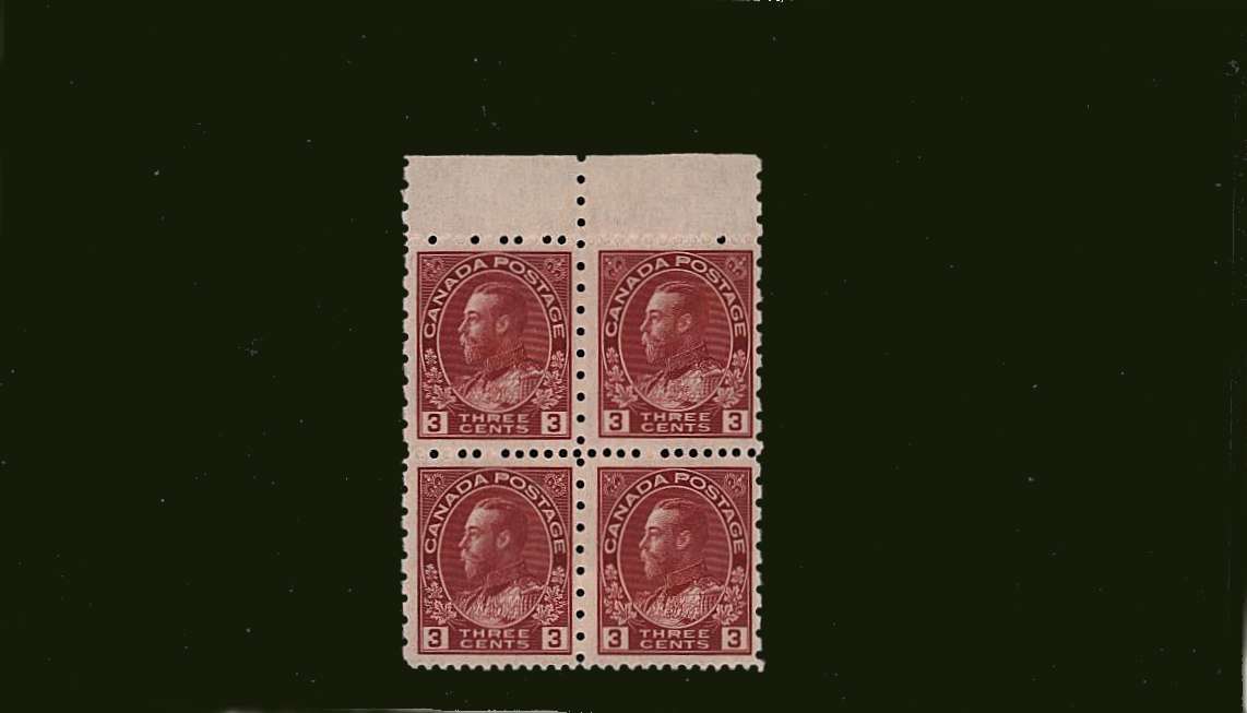 3c Carmine - Die III<br/>
Perf 12x8<br/>
In a superb unmounted mint top marginal block of four
<br><b>BBJ</b>