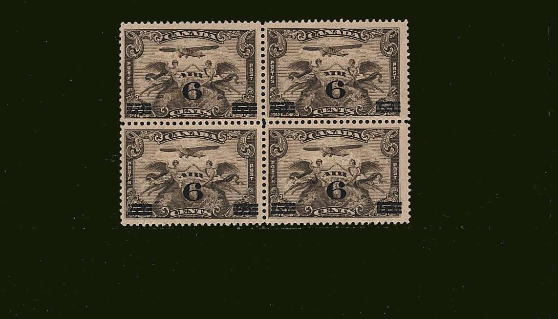 The 6c on 5c Olive-Brown surcharged single<br/>
In a superb unmounted mint block of four. 
<br><b>BBJ</b>