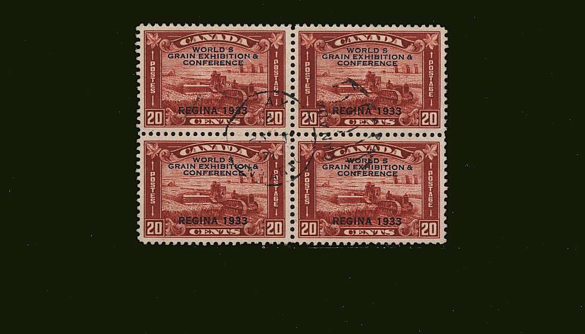 World Grain overprint on 20c Red commemorative single<br/>as a superb fine used block of four.
<br/>SG Cat 76.00
<br><b>BBJ</b>