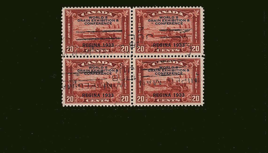 World Grain overprint on 20c Red commemorative single<br/>as a superb fine used block of four.
<br/>SG Cat 76.00
<br><b>BBJ</b>