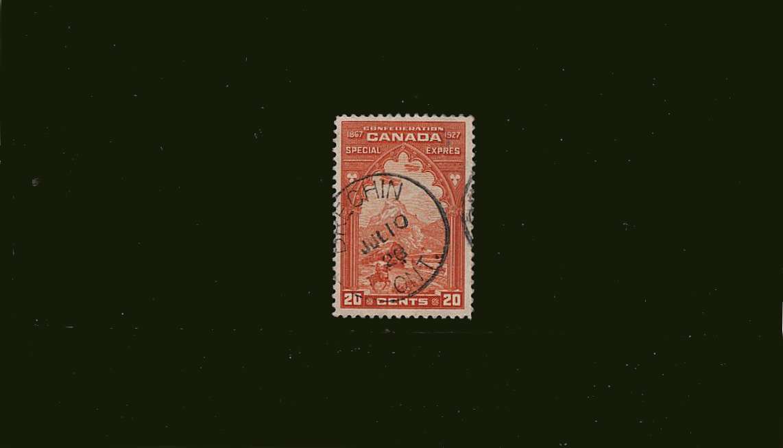 20c Orange - Mail Carrying<br/>
A superb fine used single cancelled with a ''socked on the nose'' CDS dated JUL 10 28. <br/>SG Cat £28
<br><b>BBJ</b>