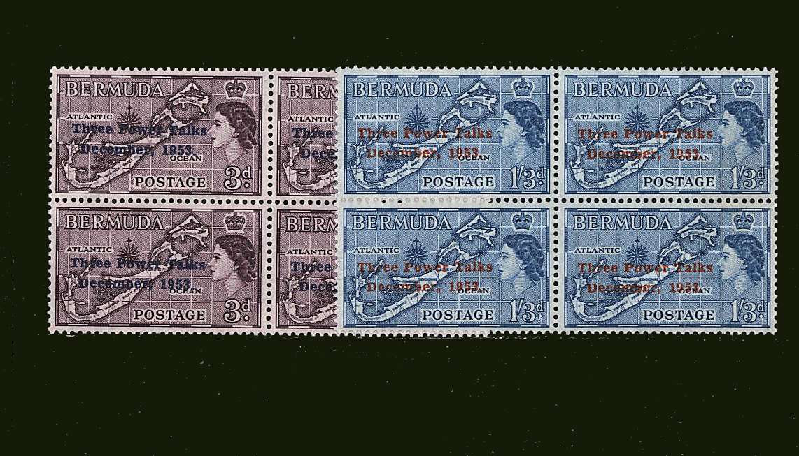 The ''THREE POWER TALKS'' overprint set of two<br/> in superb unmounted mint blocks of four.
<br><b>BBJ</b>