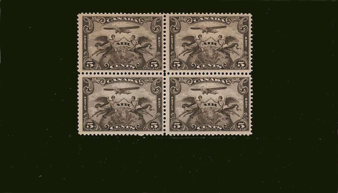 The 5c AIR Olive-Brown single<in a superb unmounted mint block of four.<br/>
<br><b>BBJ</b>