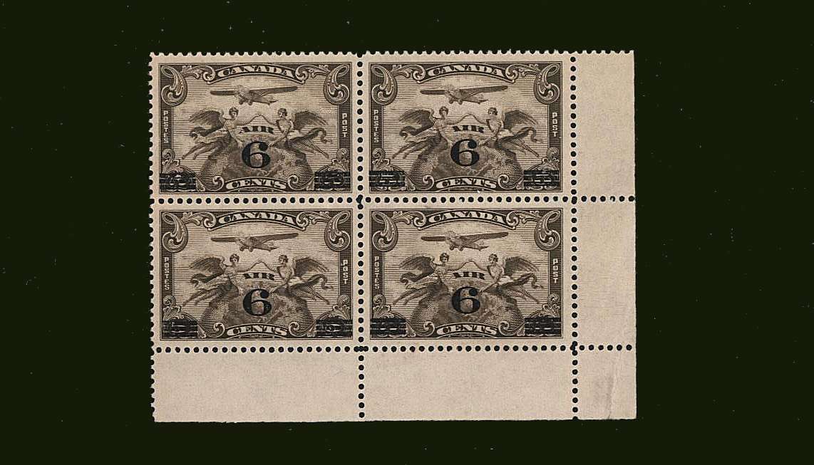 The 6c on 5c Olive-Brown surcharged single
In a superb unmounted mint SE corner block of four. 

<br/><b>BBJ</b>