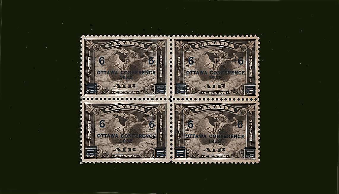 6c on 5c AIR Deep Brown<br/>
in a superb unmounted mint block of four.
<br><b>BBJ</b>