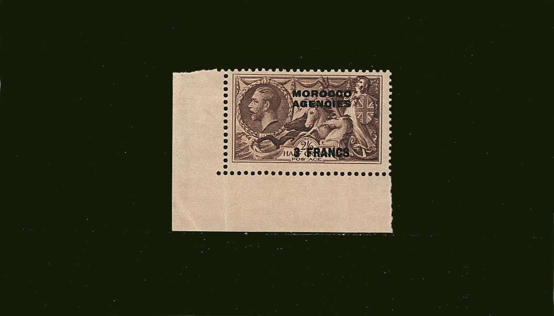 
3 FRANCS on 2/6d Chocolate-Brown - Re-Engraved<br/>
A superb unmounted mint SW corner marginal stamp.<br/><b>BBJ</b>