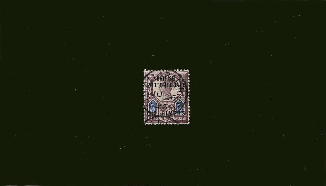 5d Dull Purple and Blue<br/>
A superb fine used single cancelled with a crisp central CDS for OLD CALABAR RIVER dated JU 26 95<br/>
SC Cat for on piece £500 
<br/><b>BBJ</b>