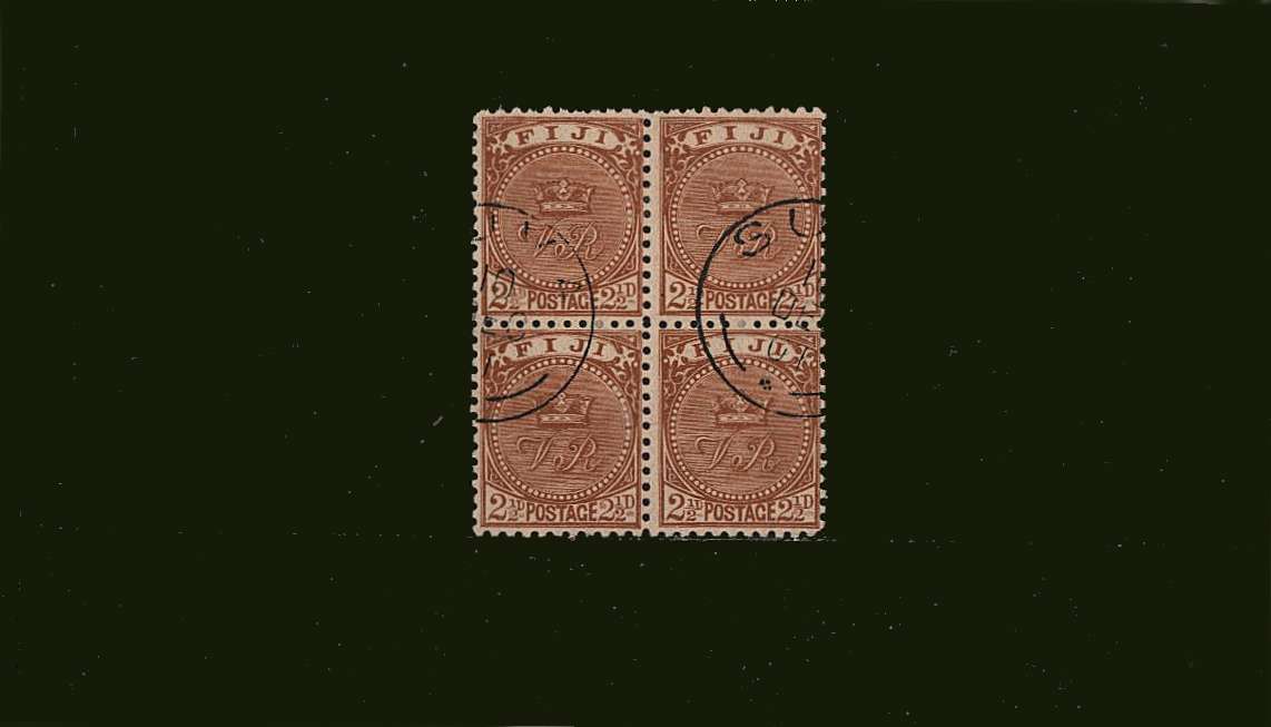 2½d Yellow- Brown<br/>
Perforation 11x11¾<br/>
A superb fine used block of four.

<br/><b>BBJ</b>