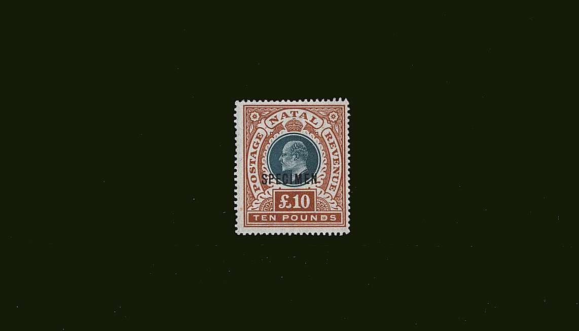 £10 Green and Orange overprinted ''SPECIMEN''<br/>
 A superb unmounted mint bright and fresh stamp.<br/>SG Cat with no overprint £18,000 
<br/><b>BBJ</b>