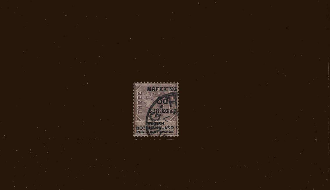 The ''MAFEKING BESIEGED'' 6d on 3d overprint on a BRITISH BECHUANALAND<br/>stamp superb fine used with full perforations.<br/>
SG Cat 100  
<br/><b>BBM</b>