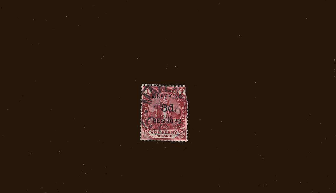 3d on 1d Carmine on CAPE OF GOOD HOPE stamp cancelled with a CGH MAFEKING CDS.<br/>
A spacefiller stamp with faults<br/>
SG Cat £75 
<br/><b>BBM</b>