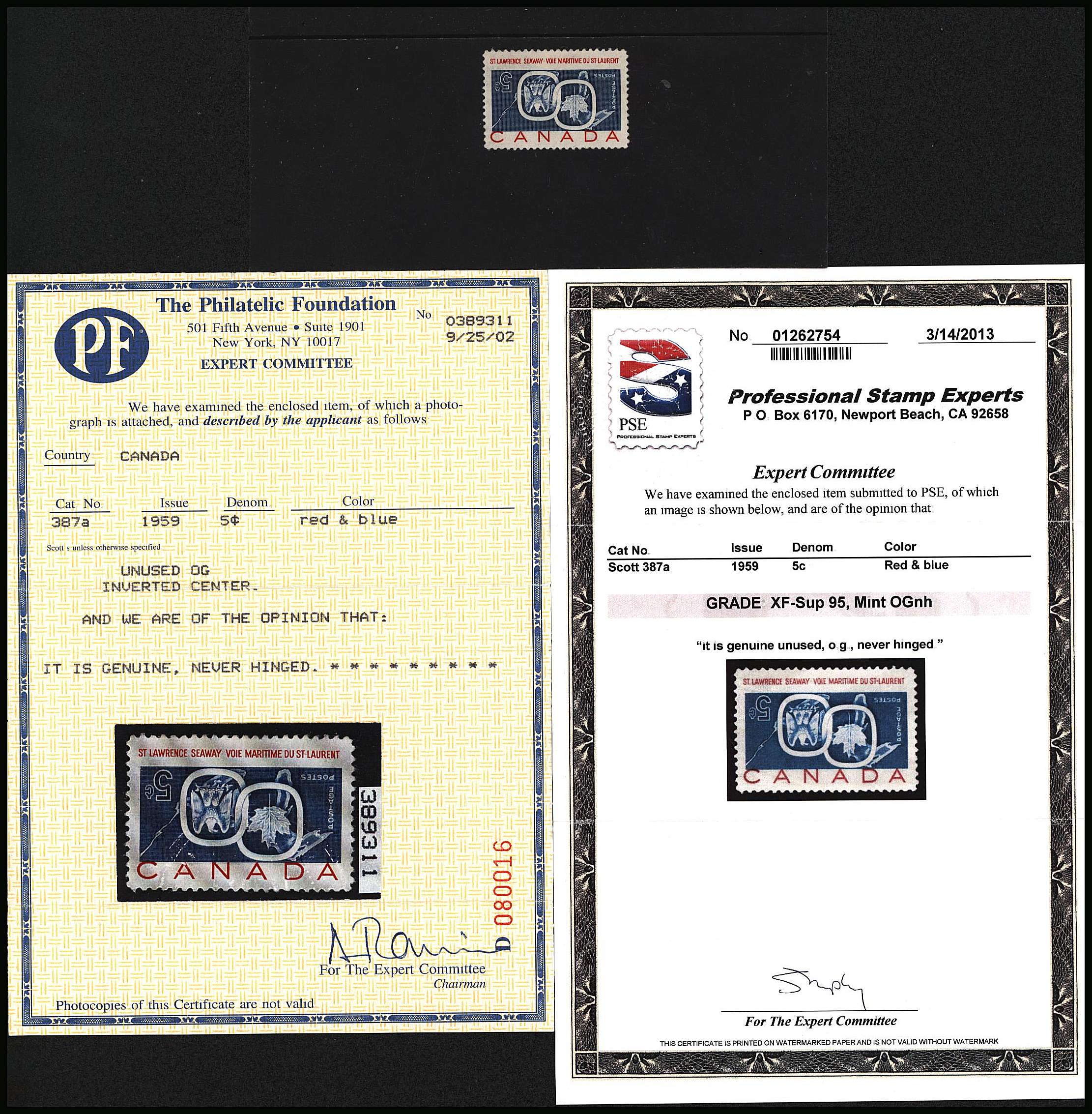 <b>St Lawrence Seaway with Centre Inverted</b><br/>
One of the great rarieties of philately.<br/> Superb unmounted mint example with TWO certs stating UNMOUNTED with the PSE cert grading the stamp as XF-Sup 95.<br/>
SG Cat 10,000<br/><br/><b>BBP</b>