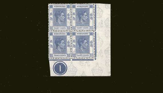 30c Blue<br/>in a superb unmounted mint Plate block of four.<br/>Note, very lightly mounted on one stamp. <br/><b>BBT</b>