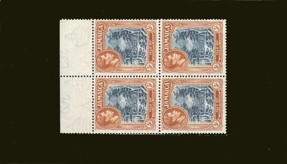 5/- Slate-Blue and Yellow-Orange<br/>in a superb unmounted mint top marginal block of four.<br/><b>BBT</b>
