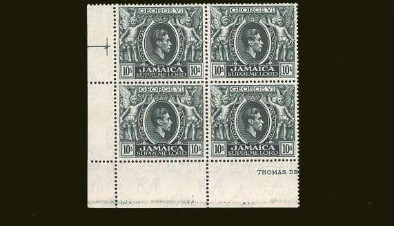 10/- Myrtle-Green - Perforation 14<br/>in a superb unmounted SW corner mint block of four.<br/><b>BBT</b>