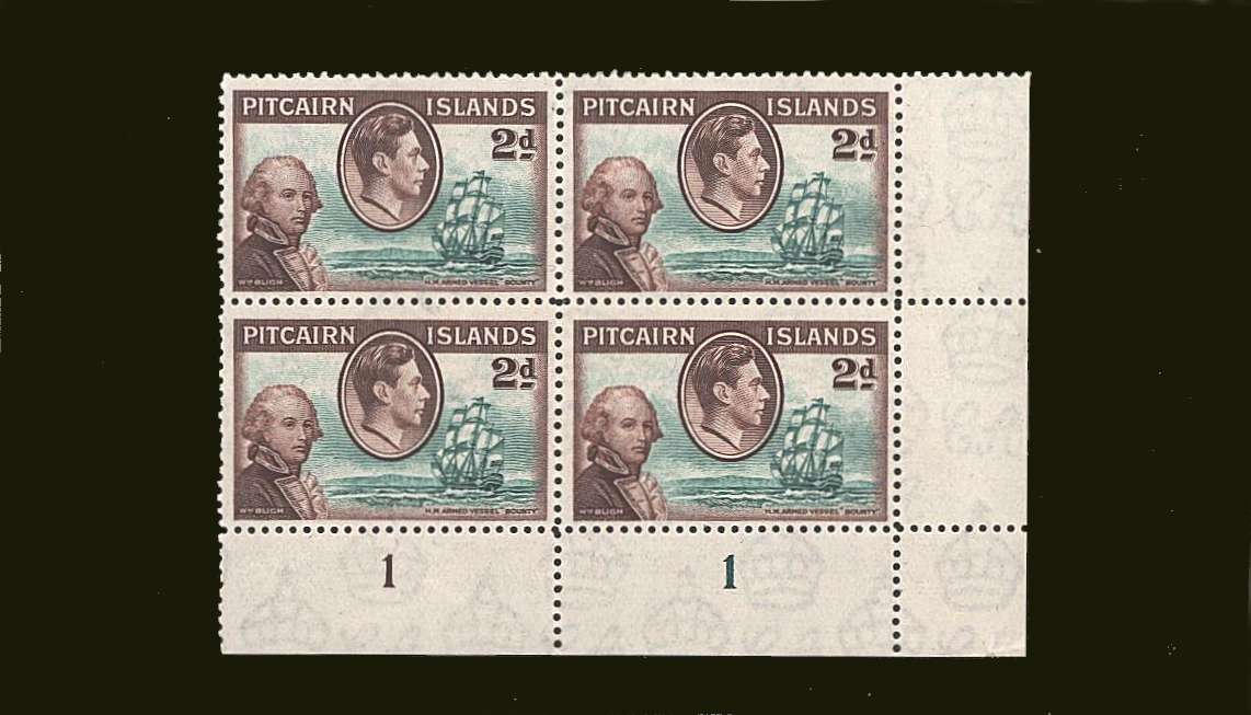 2d Green and Brown in a superb unmounted mint SE corner Plate block of four.
<br/><b>BBT</b>