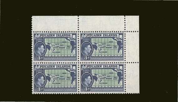 3d Yellow-Green and Blue in a superb unmounted mint NE corner block of four.
<br/><b>BBT</b>