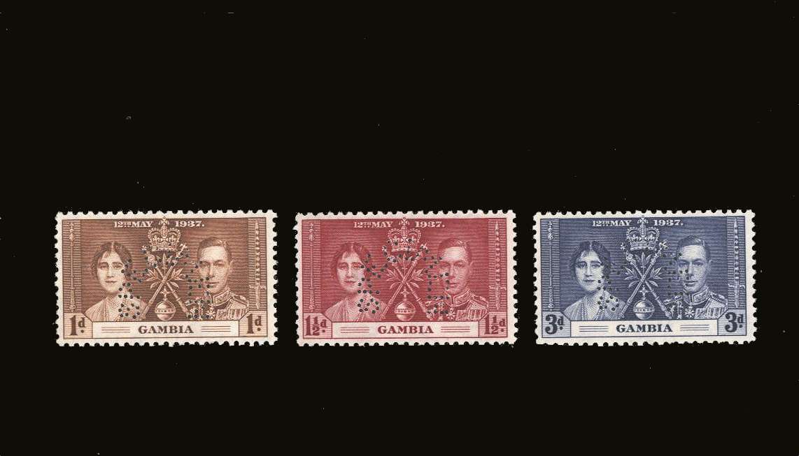 The 1937 Coronation set of three very lightly mounted mint perfined <b>''SPECIMEN''</b><br/>SG Cat £120.00
<br><b>BBQ</b>