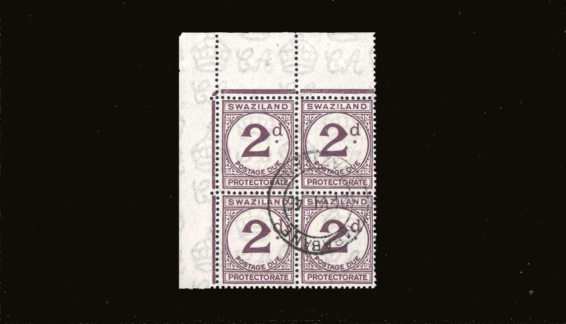 2d Pale Violet - on Ordinary Paper (rough)<br/>
A super fine used NW corner block of four<br/>cancelled with a double ring CDS for Mbabane dated 21.6.46<br/>
SG Cat £108.00
<br><b>BBQ</b>