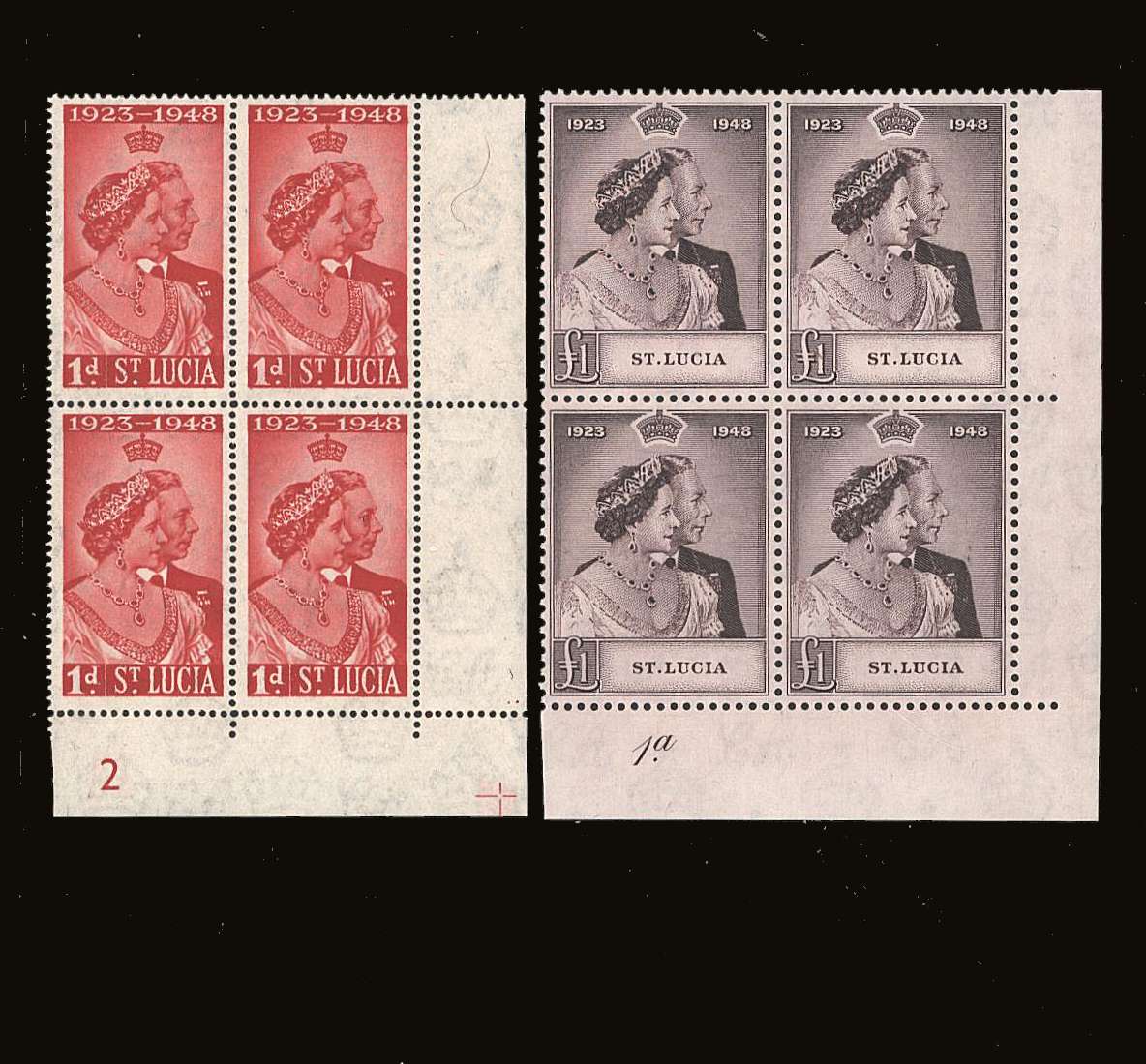 The 1948 Royal Silver Wedding set of two superb unmounted mint<br/><b>PLATE and CYLINDER</b> corner blocks of four.<br/><b>SEARCH CODE: 1948RSW</b><br/><b>BBQ</b>