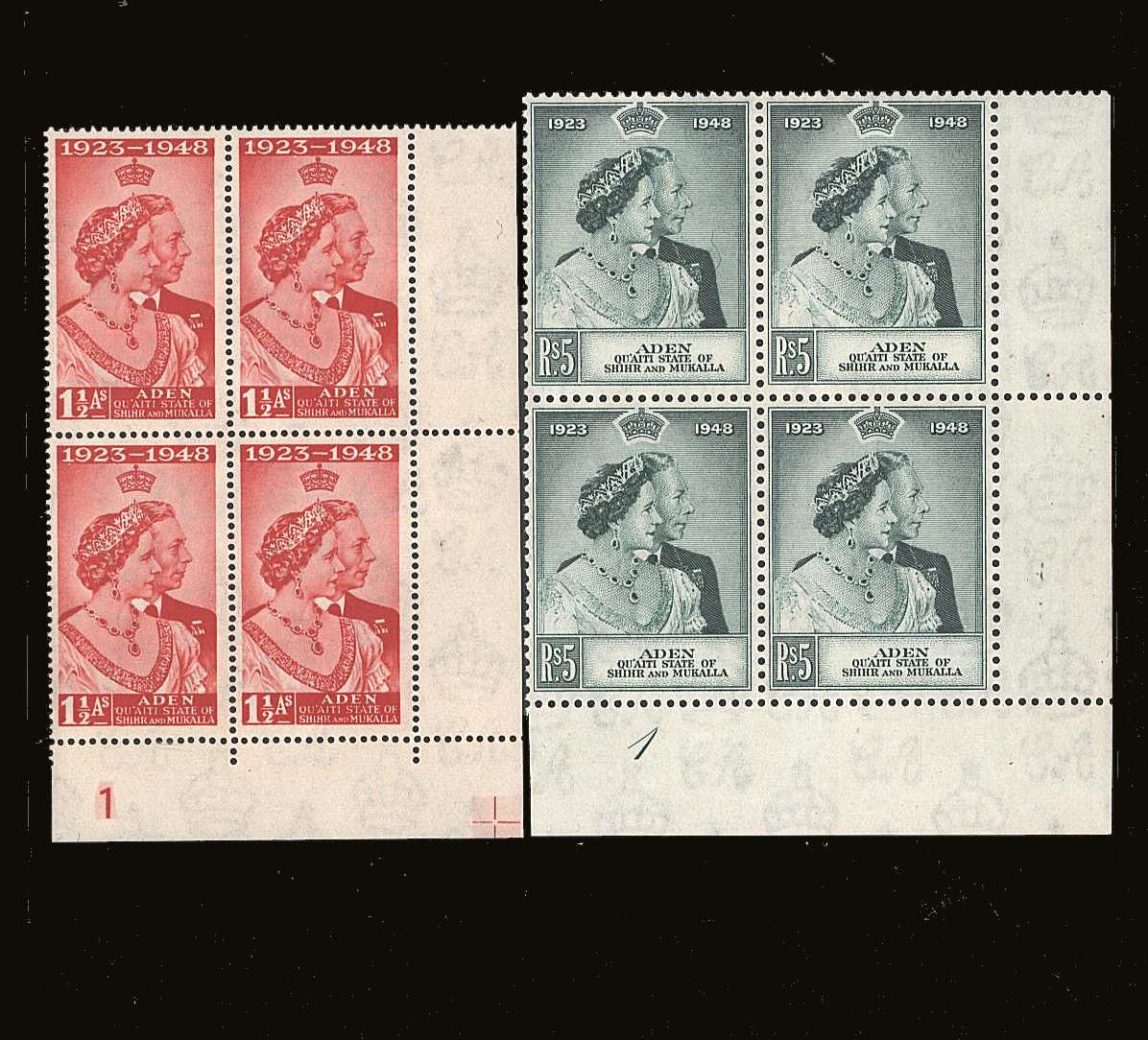 The 1948 Royal Silver Wedding set of two superb unmounted mint<br/><b>PLATE and CYLINDER</b> corner blocks of four.<br/><b>SEARCH CODE: 1948RSW</b><br/><b>BBQ</b>