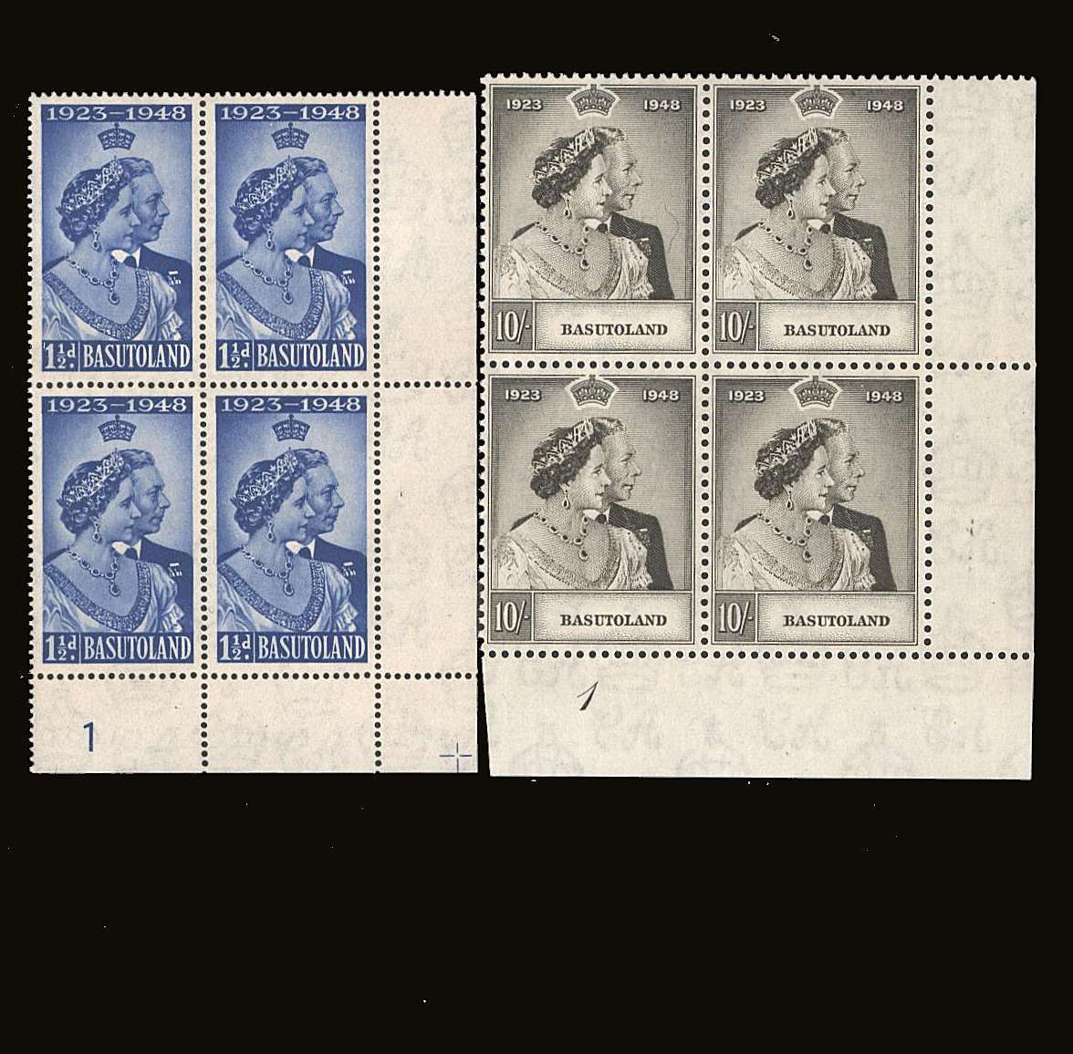 The 1948 Royal Silver Wedding set of two superb unmounted mint<br/><b>PLATE and CYLINDER</b> corner blocks of four.<br/><b>SEARCH CODE: 1948RSW</b><br/><b>BBQ</b>