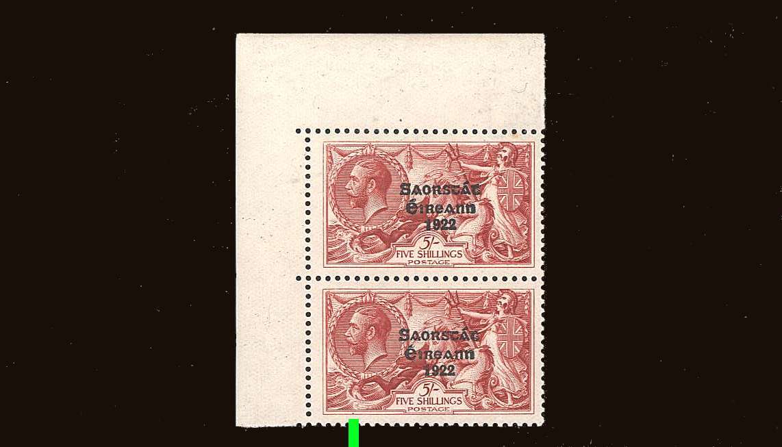 The ''Narrow Date'' 5/- Rose-Carmine Seahorse in a superb unmounted  NW vertical pair showing the rare  <b>INVERTED ''T''</b> variety from PL 3A. Listed in Irish Catalogues but not SG!!! Note: Green line points to variety.<br/><b>A rare variety!