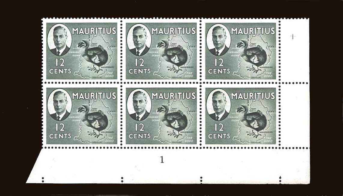 12c Dodo Bird<br/>
A superb unmounted mint Plate Block block of six from the SE corner of the sheet showing Plate Number 1.<b>QQB</b>