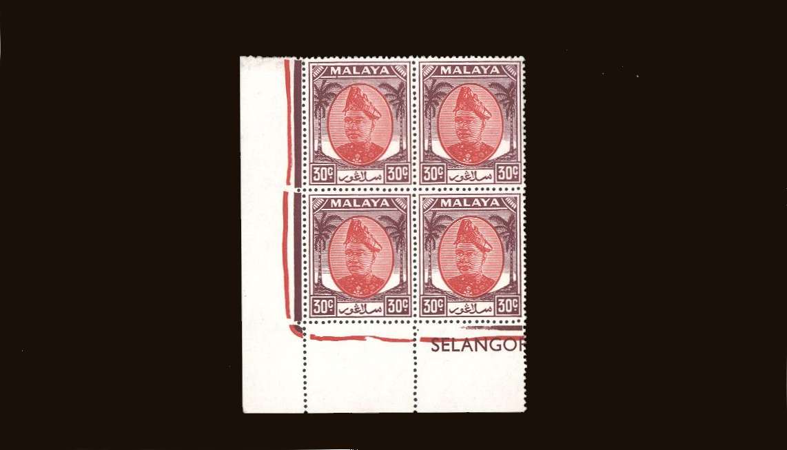 30c Scarlet and Purple
<br/>in a superb unmounted mint SW corner <b>''SELANGOR''</b> block of four.
<br/><b>QQB</b>