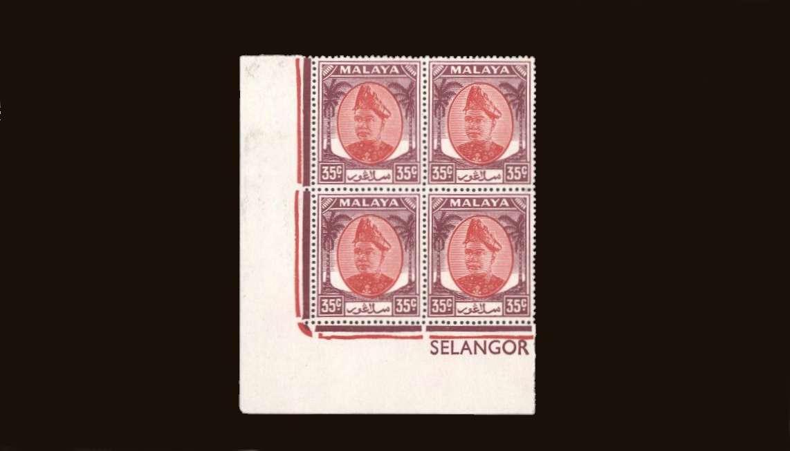 35c Scarlet and Purple
<br/>in a superb unmounted mint SW corner <b>''SELANGOR''</b> block of four.
<br/><b>QQB</b>